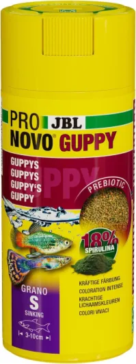 PRONOVO GUPPY GRANO, Aliment de Base pour Guppys et autres Poissons Ovovivipares de 3-10 cm, Granulés pour Poissons, Doseur à clic, taille S, 250 ml 136 g (Lot de 1)