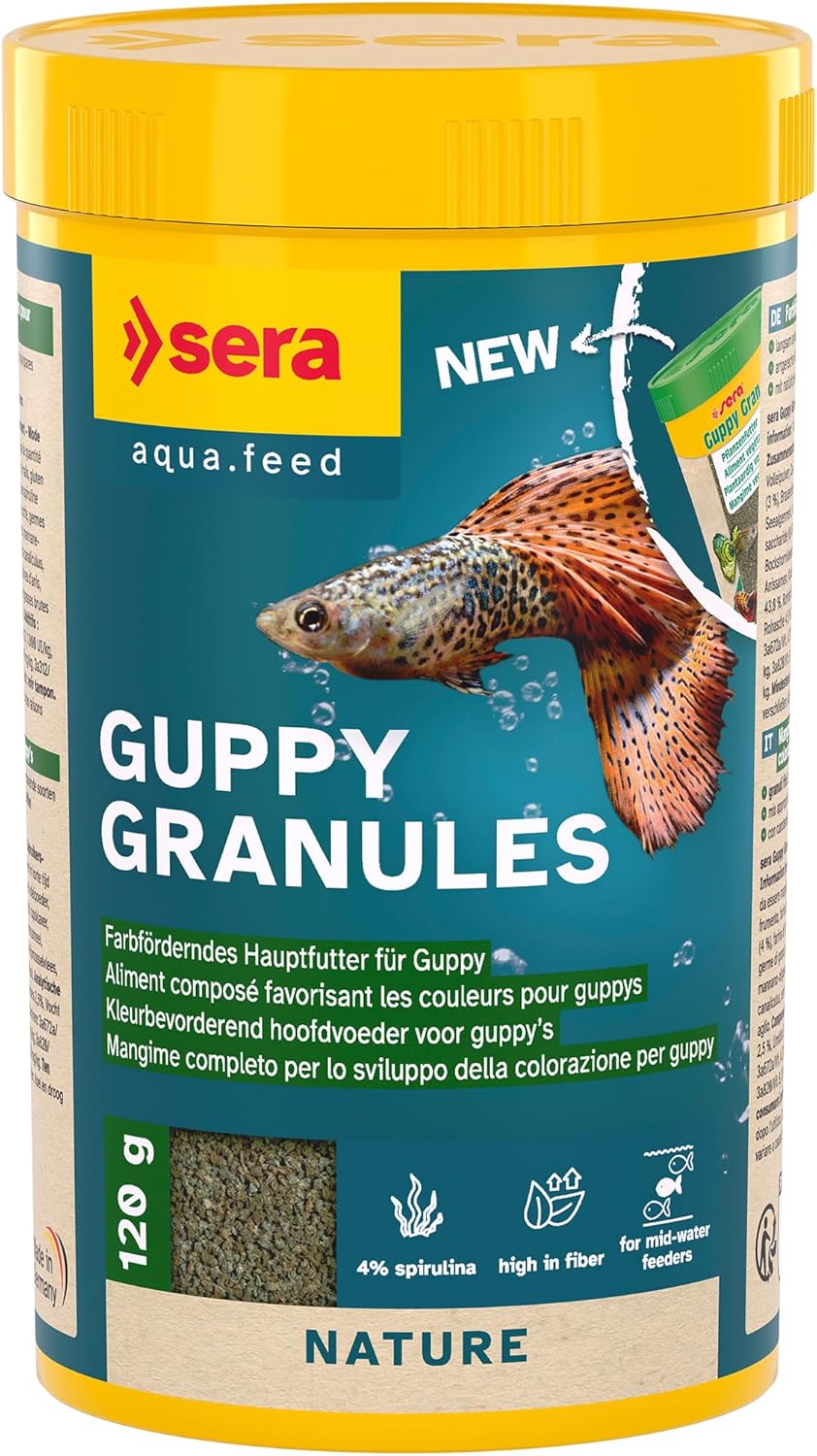Sera Guppy Granules 250 ML (120 g) - Aliment Composé Digeste pour Guppys et Poeciliidés sans Colorants ni Conservateurs - Granulés Nutritifs avec Spiruline et Minéraux Naturels 250 ml (Lot de 1)