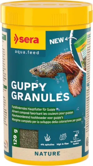 Sera Guppy Granules 250 ML (120 g) - Aliment Composé Digeste pour Guppys et Poeciliidés sans Colorants ni Conservateurs - Granulés Nutritifs avec Spiruline et Minéraux Naturels 250 ml (Lot de 1)