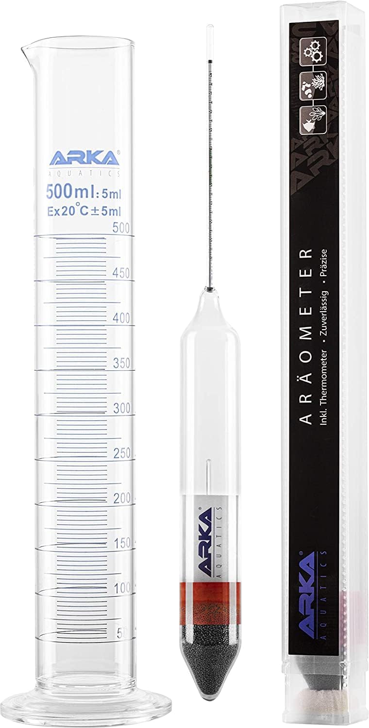 ARKA Set d'hydromètres: Thermomètre & éprouvette en Verre borosilicaté 3.3 pour Mesure précise de densité en Aquarium d'eau de mer, qualité Laboratoire, Facile à Utiliser - Kit d'hydromètre
