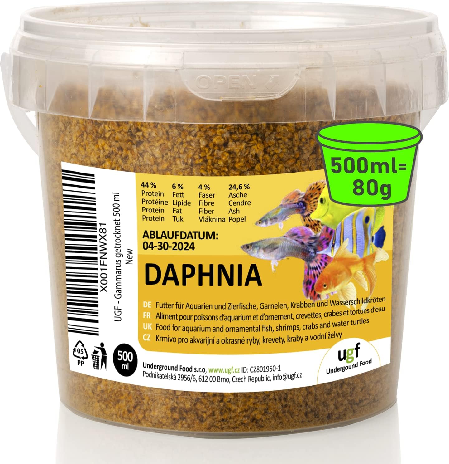 UGF - Daphnies de qualité supérieure - 80 g en Pot de 500 ML, Nourriture séchée pour Poissons d'aquarium, friandises pour Poissons d'ornement