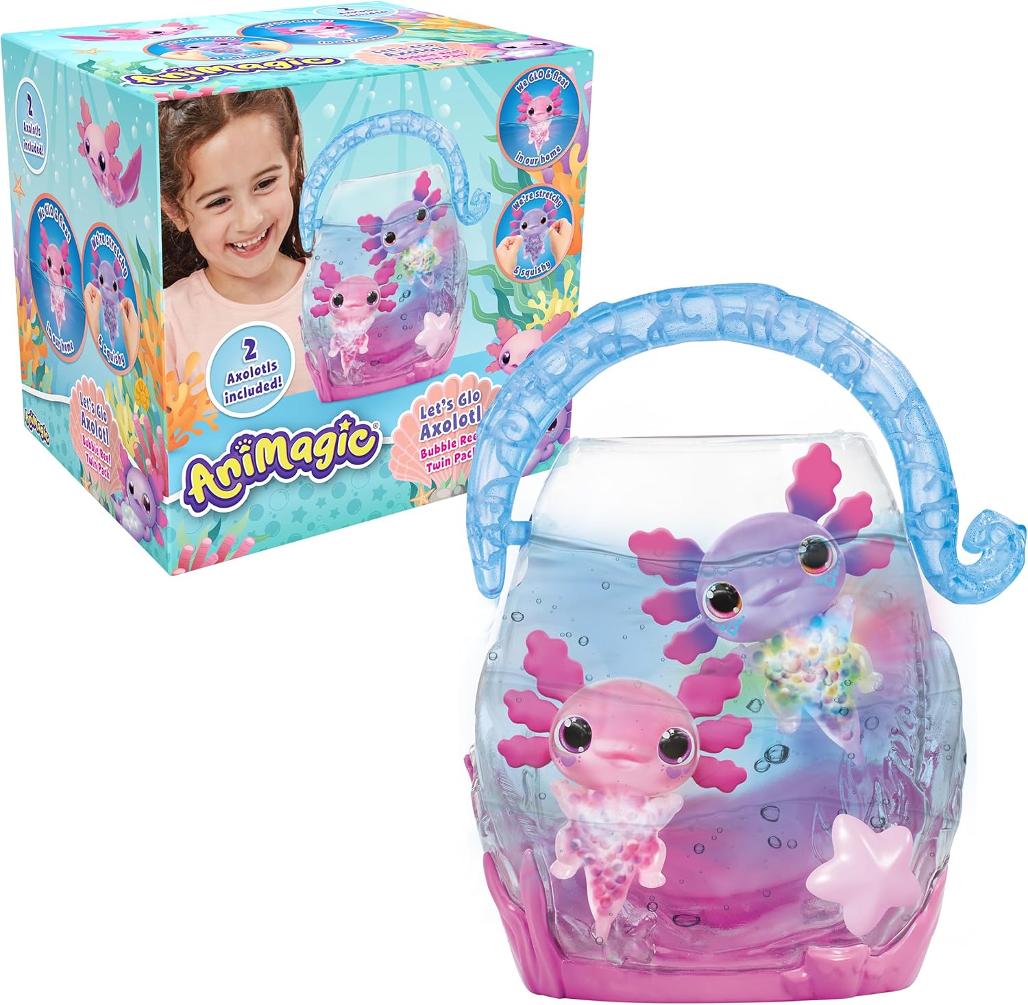 ANIMAGIC - Let's Glo Axolotl Pack Bubble Reef :1 Aquarium Interactif + 2 Axolotls Rose & Violet - Compagnons Électroniques & Lumineux - Flotte & Brille - Jeu Sensoriel Tactile pour Enfants dès 4 Ans