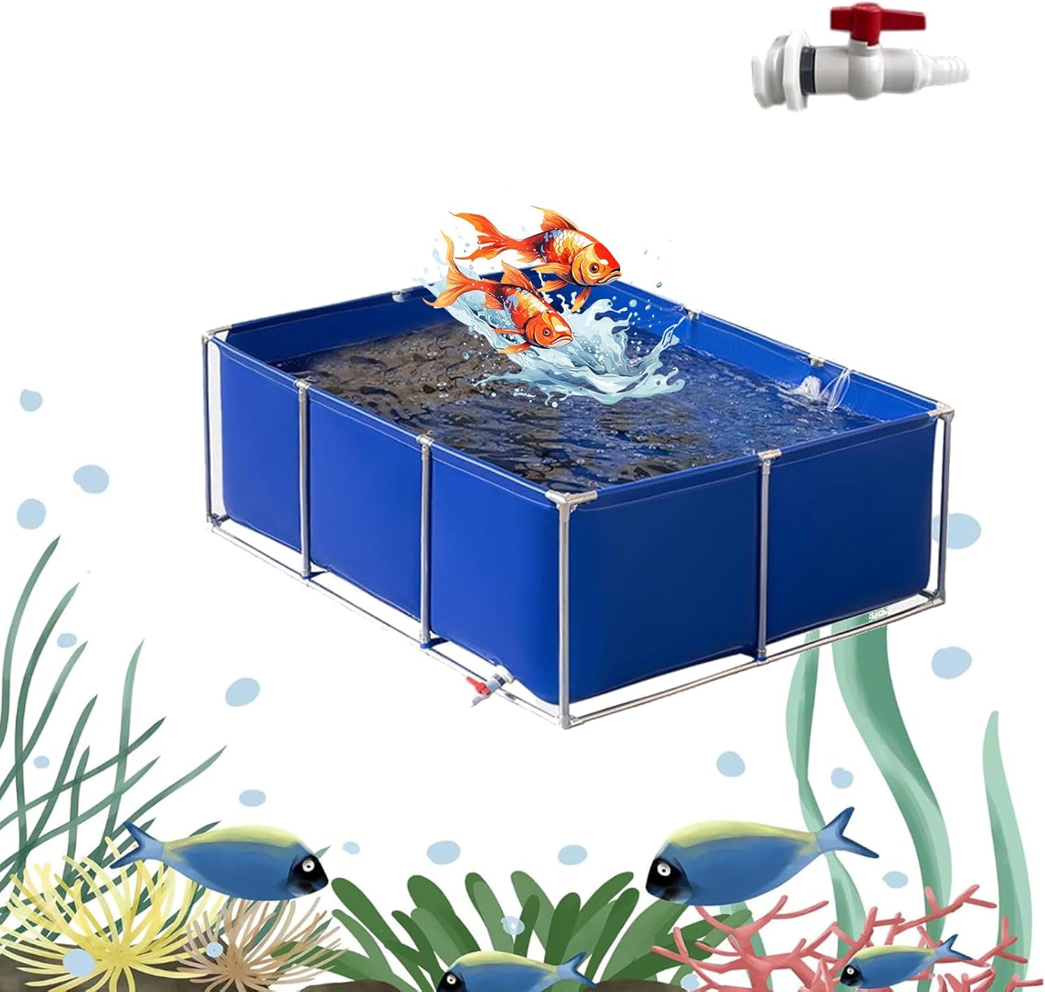 Bassin de Jardin preforme Étangs d'aquarium extérieurs Piscine Hors Sol,Bassin Toile en PVC avec Cadre en Acier, est équipé d'un Robinet, Réservoir De Stockage pour L'élevage De Tortues Koi 1*1*0.8m Blue
