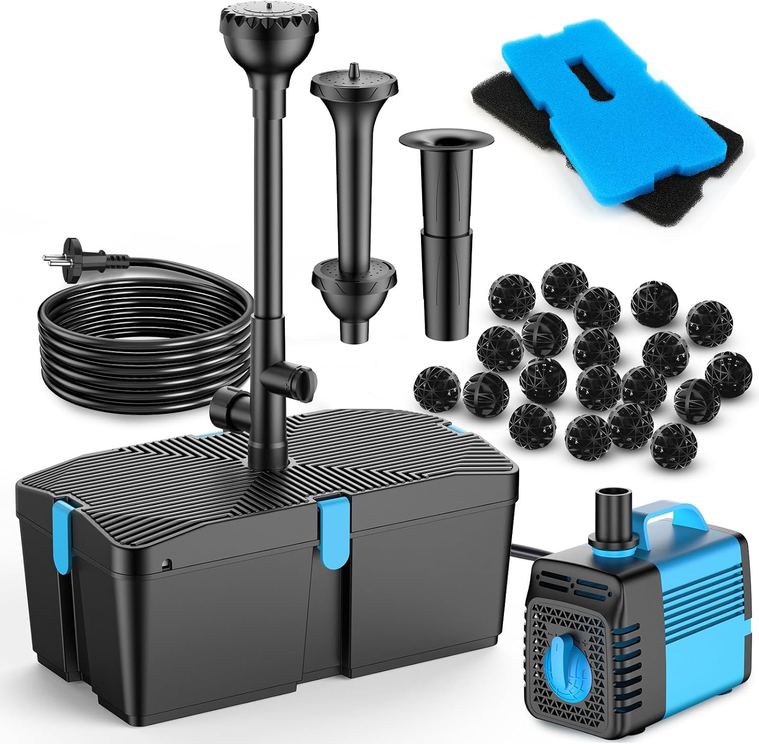 Pompe de bassin avec filtre et kit fontaine, 50W 2500L/H, filtre pour bassins extérieurs, propre pour koï