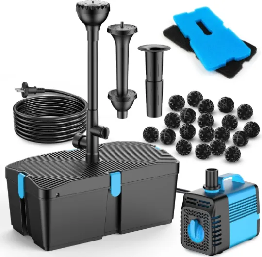 Pompe de bassin avec filtre et kit fontaine, 50W 2500L/H, filtre pour bassins extérieurs, propre pour koï