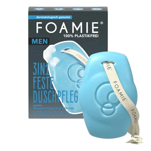 Foamie Men Gel douche et shampoing 3 en 1 à la menthe aquatique au citron - Pour le corps, le visage et les cheveux - Parfum rafraîchissant, nettoyage et soin doux - Végétalien, sans plastique, 80g
