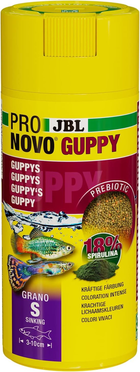 PRONOVO GUPPY GRANO, Aliment de Base pour Guppys et autres Poissons Ovovivipares de 3-10 cm, Granulés pour Poissons, Doseur à clic, taille S, 250 ml 136 g (Lot de 1)