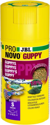 PRONOVO GUPPY GRANO, Aliment de Base pour Guppys et autres Poissons Ovovivipares de 3-10 cm, Granulés pour Poissons, Doseur à clic, taille S, 100 ml 56 g (Lot de 1)
