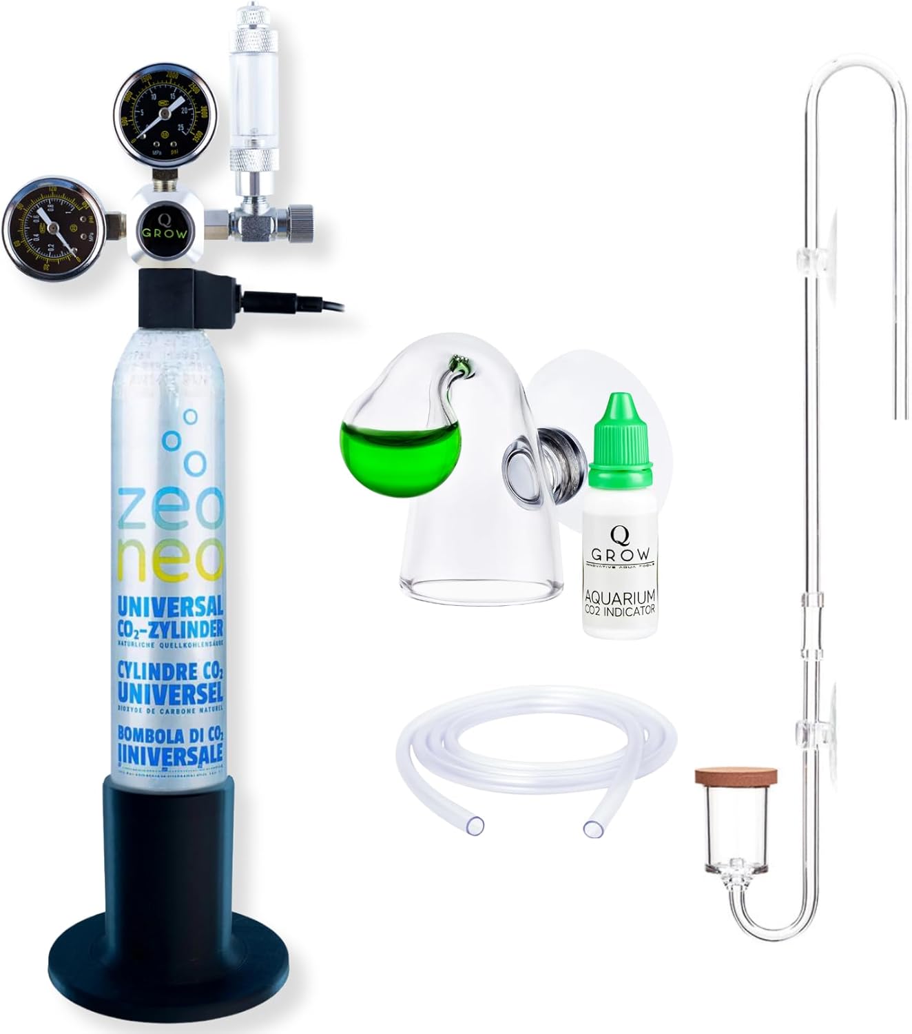 Kit complet Q-Grow pour installation CO2 d'aquarium - Simple et universel - Incl - diffuseur transparent, test de durée, régulateur de pression, bouteille de CO2 425g, jusqu'à 1000L