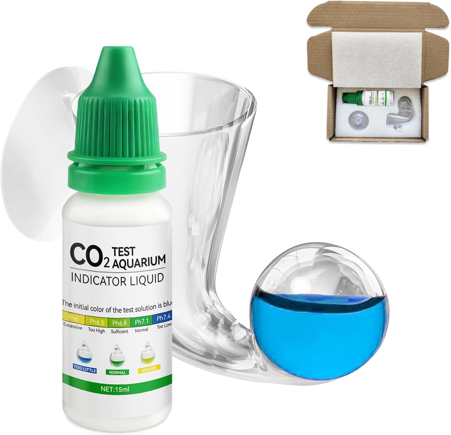 Drop Checker Co2, Co2 Aquarium, Kit Co2 Aquarium avec 15ML Indicateur 20 MG/L Surveille avec Précision la Concentration de Dioxyde de Carbone, Test Co2 Aquarium pour aux Aquariums d'eau Douce