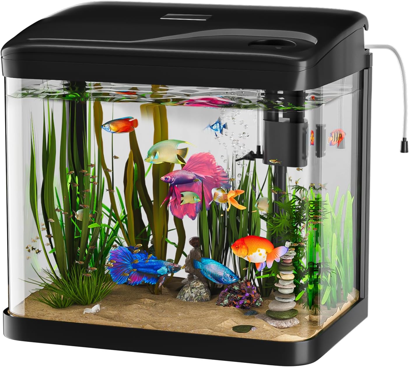 Aquarium Complet 15L,Aquarium en Verre,Aquariums Poisson Rouge,avec Système de Filtration,Couvercle et lumières LED, Pompe à Eau,pour Poissons Combattants, Poissons Rouges, Noir