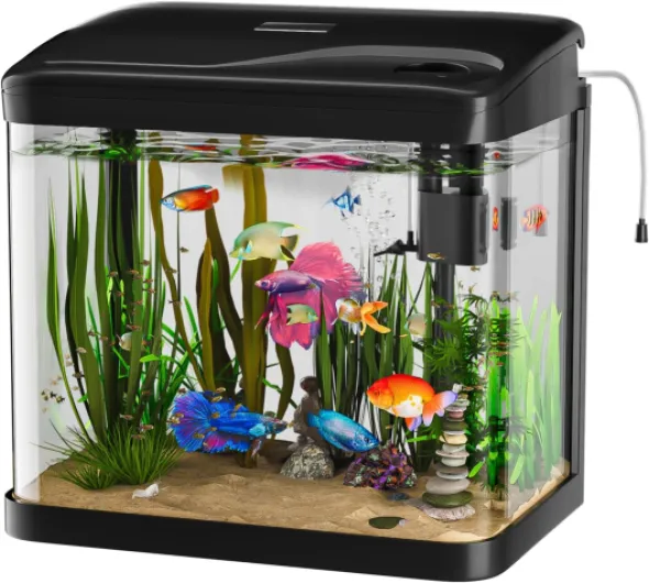 Aquarium Complet 15L,Aquarium en Verre,Aquariums Poisson Rouge,avec Système de Filtration,Couvercle et lumières LED, Pompe à Eau,pour Poissons Combattants, Poissons Rouges, Noir