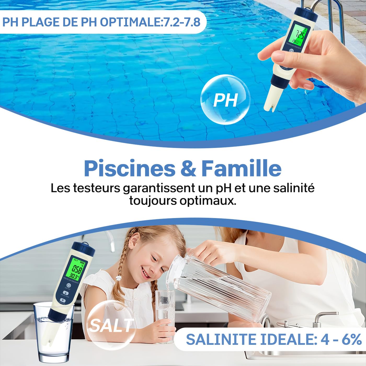 Ph Metre, 5 en 1 PH/TDS/EC/Salinité/Thermomètre, Testeur ph à Écran LCD, Testeur pH Piscine IP67 Étanche, pH Metre Haute Précision (± 0.01), Adapté à l'Eau Potable, Aquariums, Piscin