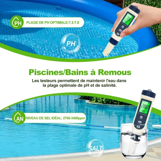 Pious Ph Metre, 5 en 1 PH/TDS/EC/Salinité/Thermomètre, Testeur ph à Écran LCD, Compensation Automatique de la Température, Ph Metre Electronique, Adapté à l'Eau Potable, Aquariums, Piscine Bleu