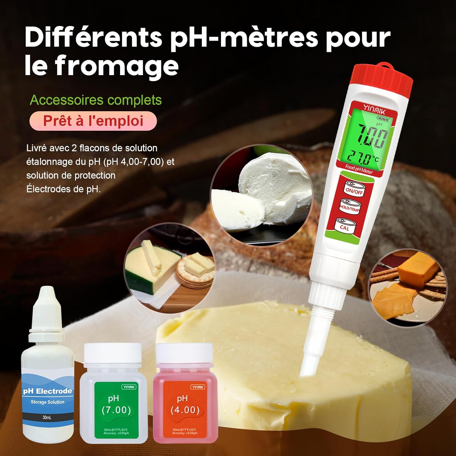 PH-Mètre Alimentaire, Testeur de pH Numérique pour Fromage, pH-Mètre de Piscine pour Pâte Sushi Riz Fermentation Saucisse Bière Viande Savon Cosmétique et Eau d'aquarium… pH-mètre avec sonde d'étalonnage