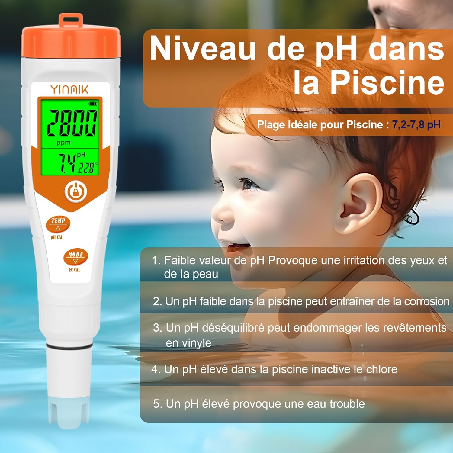 PH-mètre, Numérique pH TDS EC Mètre, Pour Solution Nutritive Hydroponique pH et EC mètre, TDS Testeur D'eau, Pour l'Piscine,Aquarium, La Fabrication de Bière et La Culture Hydroponique Couleur Orange