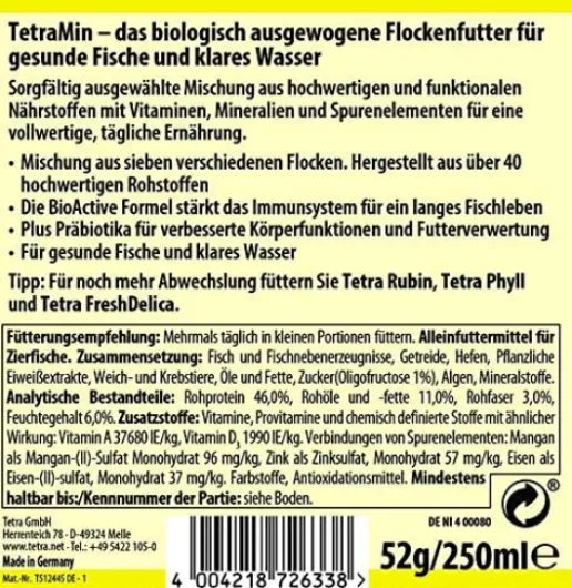 Nourriture Tetramin pour Aquariophilie 250 ML Sans saveur 52 g (Lot de 1)