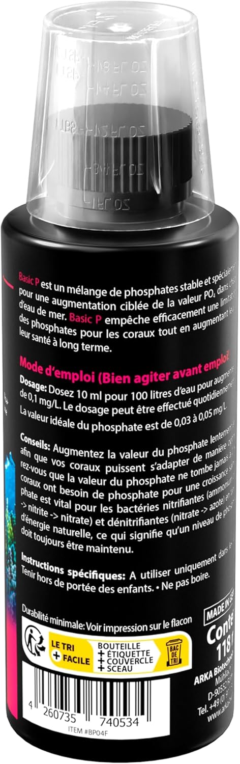 ARKA Basic P - 118 ML - Complément de Phosphate pour Aquariums Marins, contrôle précis de PO4, favorise la Croissance et la santé des coraux, soutient l'équilibre Aquatique.