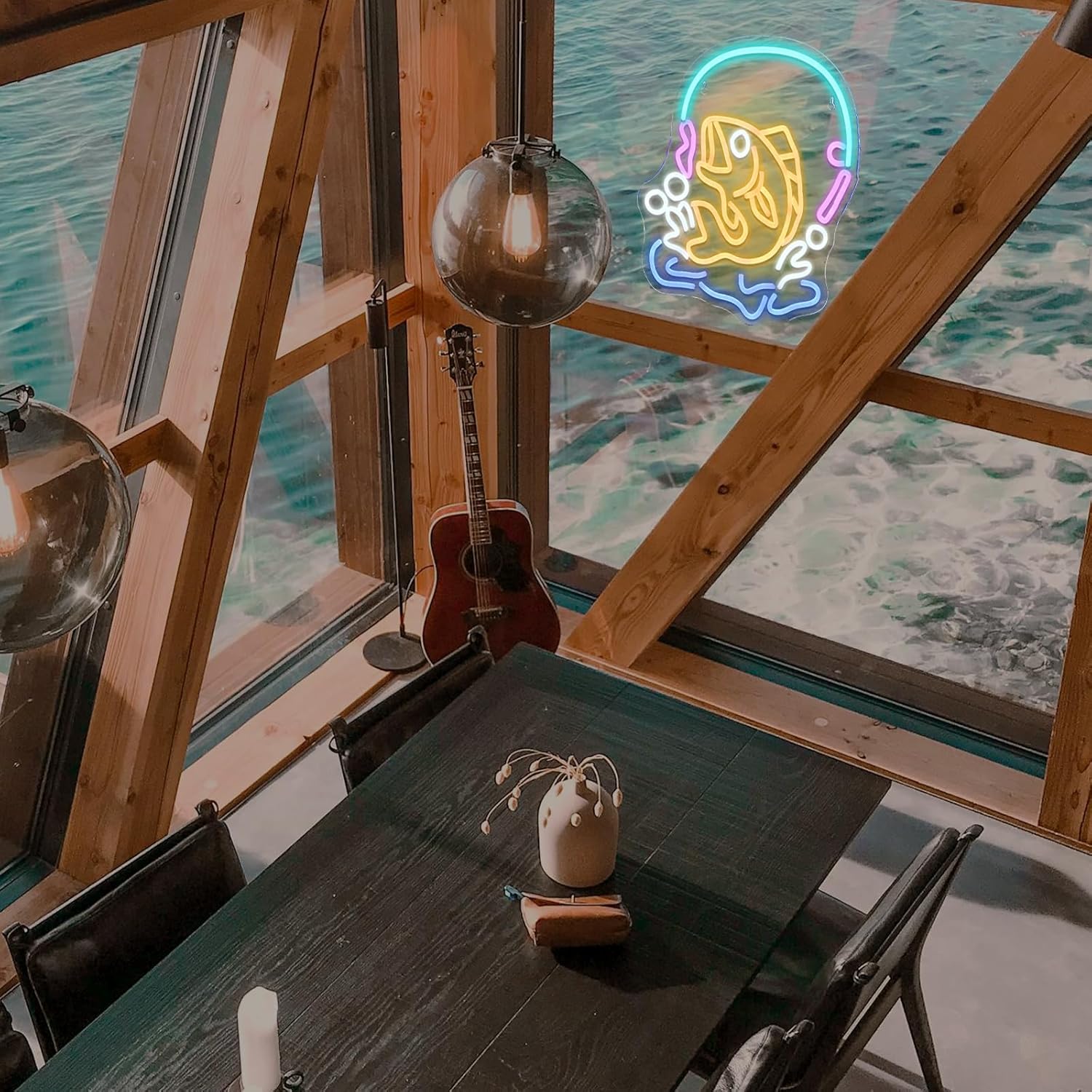 Poisson Pêche Enseigne Lumineuse,Néon Mural Canne de Pêche,Pêcheur Chambre Décoration Led Neon Lumière,Cadeau pour Passionnés de Pêche,Panneau Lumière Deco de Yacht Vitrine de Boutique Fishing