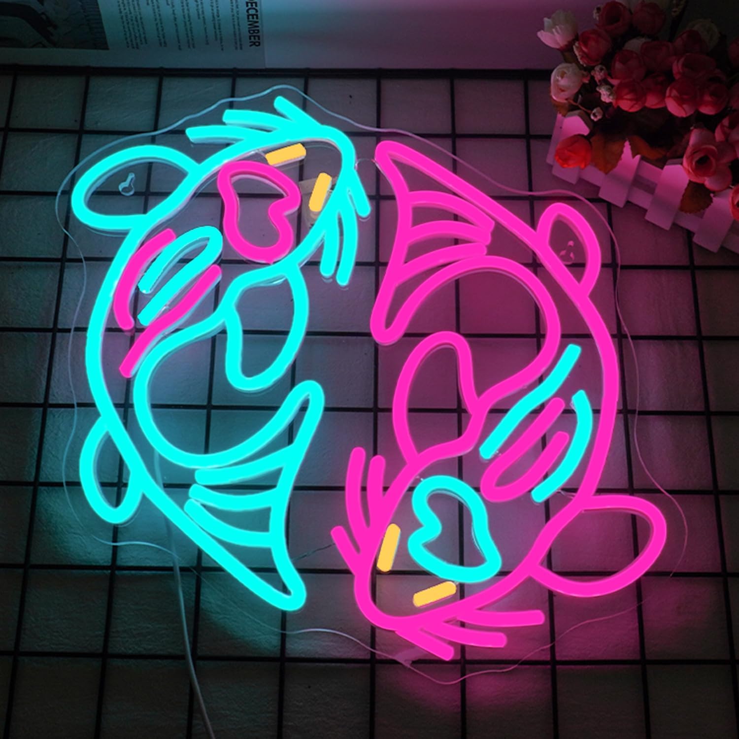 Horseneon Koi Fish Neon enseigne poisson Neon Sign Koi Carpa LED enseigne au néon pour décoration murale dimmable double poisson néon pour magasin d'aquarium chambre restaurant fêtes