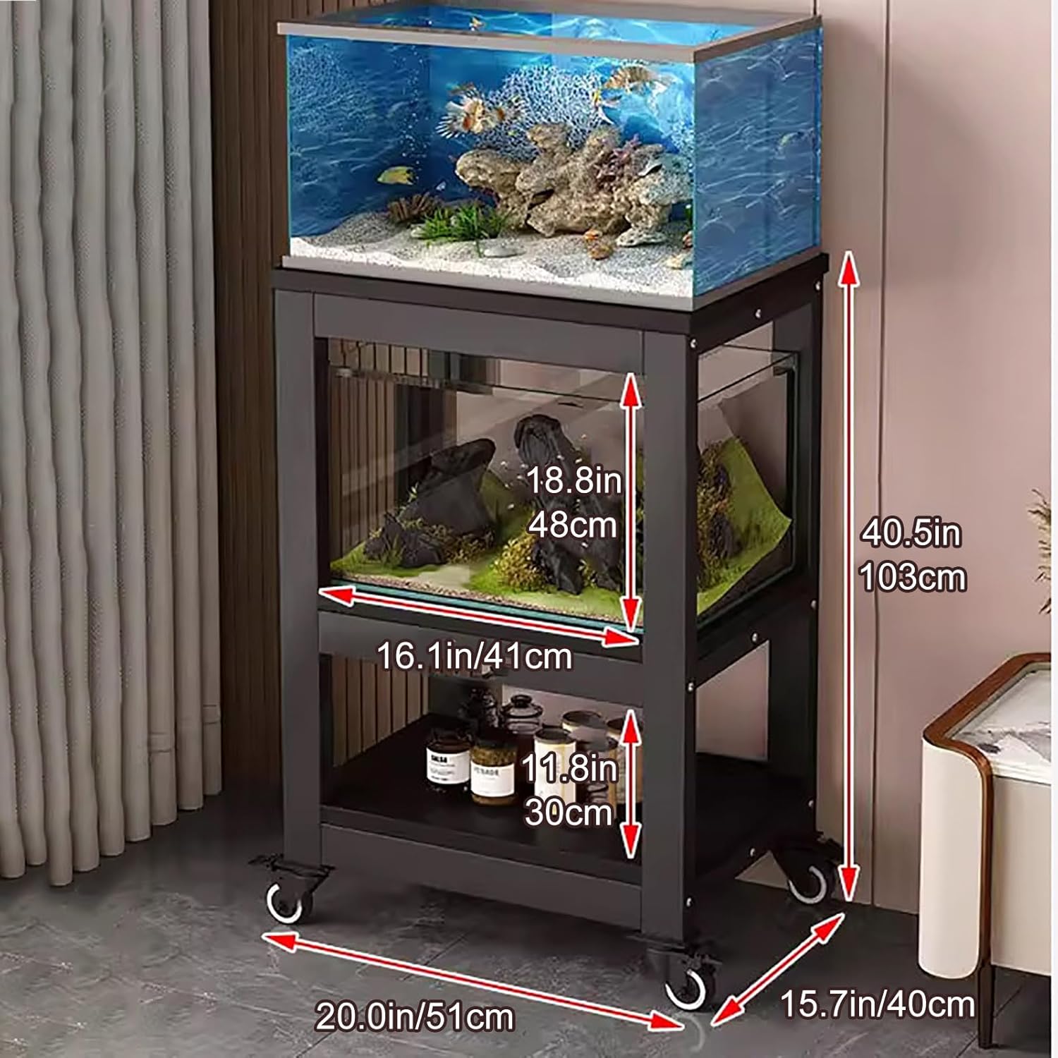 Support Aquarium avec Roulettes 50–80 cm, Meuble Aquarium Métal à 3 Niveaux avec Étagères, Mobile avec Freins, Charge jusqu’à 300 kg 51*40/20*15.7in