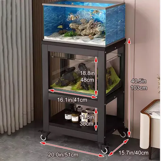 Support Aquarium avec Roulettes 50–80 cm, Meuble Aquarium Métal à 3 Niveaux avec Étagères, Mobile avec Freins, Charge jusqu’à 300 kg 51*40/20*15.7in