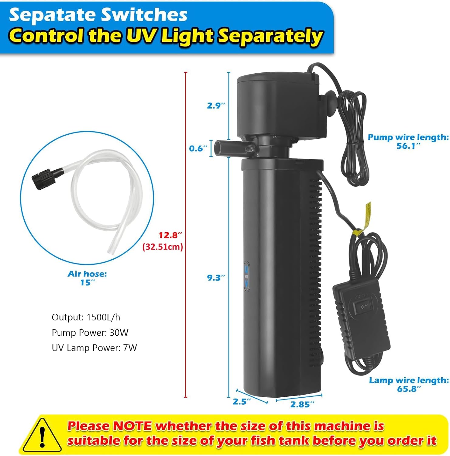 Filtre submersible avec lumière UV 1500 l/h pour aquariums de 150 à 600 litres – Filtre intérieur 4 en 1 pour eau douce/salée et bassin à tortues avec filtration à plusieurs niveaux H8F (pour 150-600 L) Filtre