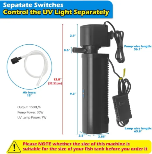 Filtre submersible avec lumière UV 1500 l/h pour aquariums de 150 à 600 litres – Filtre intérieur 4 en 1 pour eau douce/salée et bassin à tortues avec filtration à plusieurs niveaux H8F (pour 150-600 L) Filtre