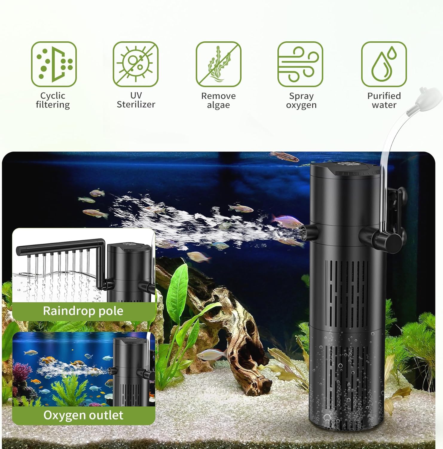 Forever Speed Filtre d’Aquarium Interne 5‑en‑1 avec Pompe Aquarium et stérilisateur UVC 8W, pour Aquariums de 100L à 250L(1200L/H) 1200 L/h