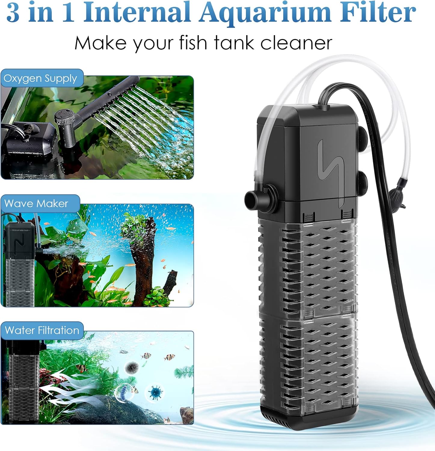 AQQA Filtre Aquarium Réglable 800L/H Pompe Aquarium, Ultra-Silencieux Filtre Intérieur Aquarium Convient aux Aquariums Jusqu'à 250L (9W)