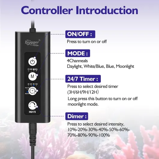 Hygger Éclairage LED pour Aquarium,19W Éclairage Clip On 24/7 Rampe LED d’Aquarium Spectre d'eau salée avec Contrôleur Pour Tanks 30-50cm