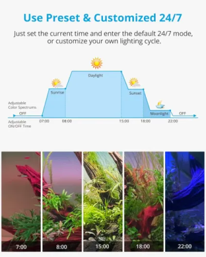 RGB+W 24/7 Rampe LED Aquarium, Éclairage LED Étanche à Spectre Complet avec la Fonction Minuterie pour Plantes d’Aquarium, 30-42 cm, 12 W, 600 LM