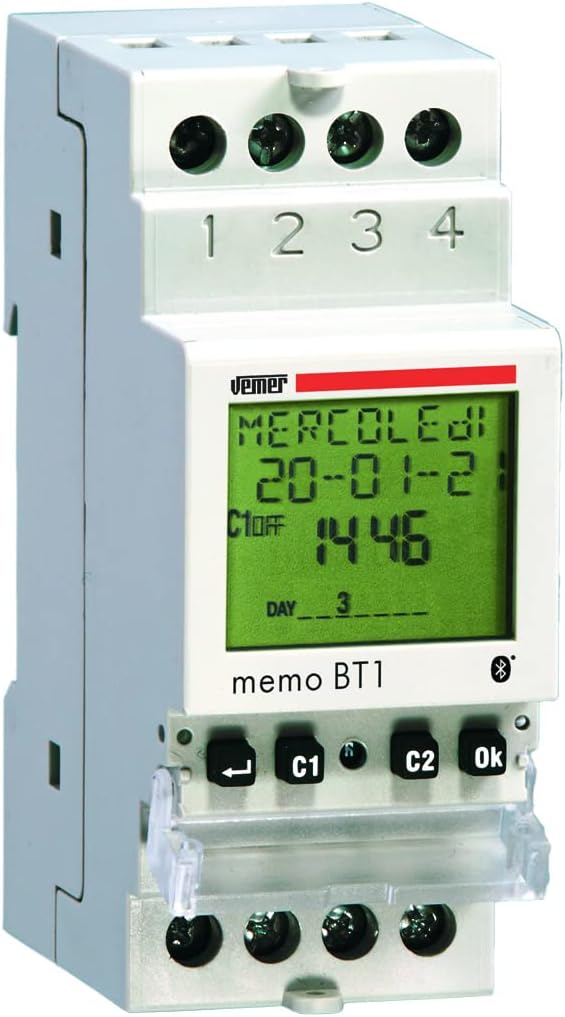 VE767600 MEMO BT1 – Interrupteur Horaire Numérique et Astronomique, Minuterie Digitale avec Bluetooth et APP Smartphone, 1 Canal, Montage Rail DIN, Blanc