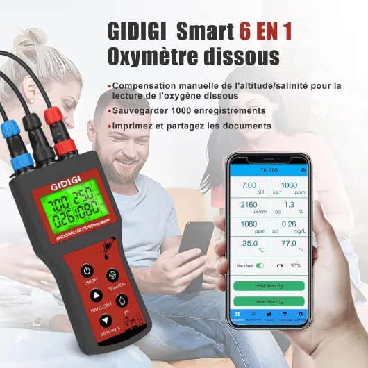 Compteur d'oxygène dissous dans l'eau, pH-mètre intelligent 6 en 1 DO, testeur portable pH DO Salt EC TDS pour étang de Koi, aquaculture, moniteur d'environnement