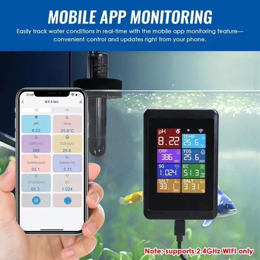 TECKOPLUS Testeur de pH numérique WiFi 8 en 1, moniteur de qualité de l'eau multi-paramètres (pH 0-14, température 0-60°C, TDS, EC, Salinity, ORP, SG) pour aquarium, hydroponique, piscine, étang et