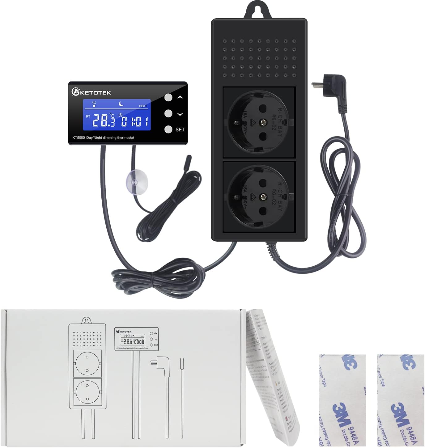 KETOTEK Prise Thermostat Chauffage Terrarium Jour Nuit Reptile avec Minuterie, Variateur Thermostat Dimming Numérique PID Régulateur de Température 220V pour Aquarium Serre Lampe Chauffante KT5000 Noir