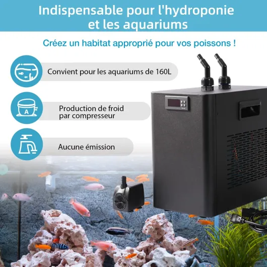 160L Refroidisseur d'eau pour Aquarium 74W, système de Refroidissement pour Aquarium de Poissons, système de Refroidissement pour crevettes d'aquaculture, Tuyau et Anneau de Fixation Inclus.