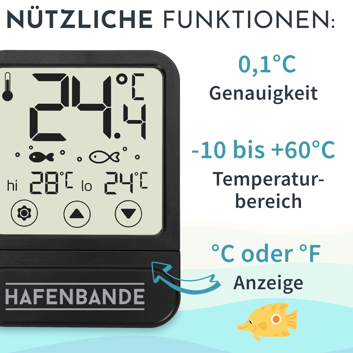Hafenbande Thermomètre d'aquarium digital à coller à l'extérieur - affichage de la température -10 - +60°C - plage de surveillance réglable - transparent petite