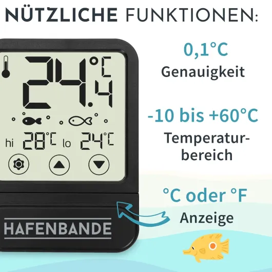 Hafenbande Thermomètre d'aquarium digital à coller à l'extérieur - affichage de la température -10 - +60°C - plage de surveillance réglable - transparent petite