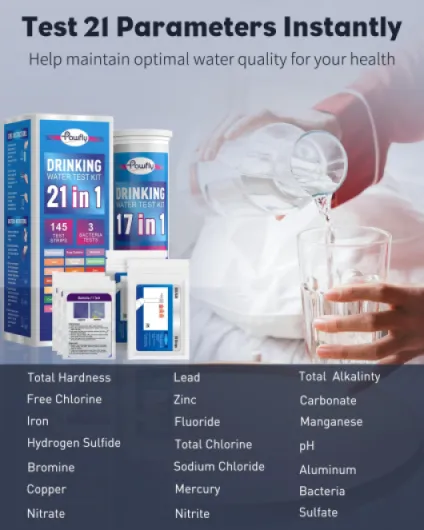 Kit de Test d'Eau Potable 21 en 1, 125 Bandelettes pour Eau du Robinet Puits Piscine Aquarium Spa - Testeur de Qualité d'Eau pour pH Dureté Chlore Plomb Fer Cuivre Nitrate Fluorure et Plus