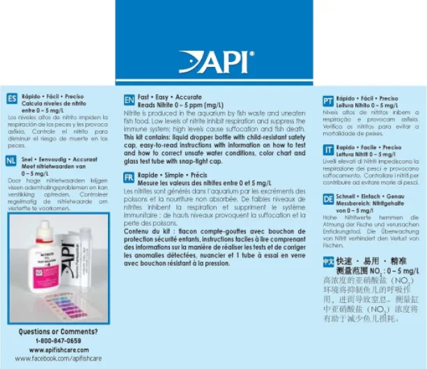 Api Test de Qualité D'eau pour Aquariophilie Nitrite Test Kit Box Global 1 Ml Nitrate 180 ct