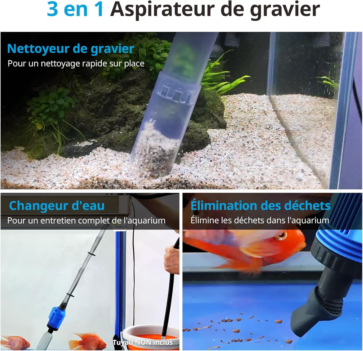 3 en 1 Aspirateur Automatique Électrique, Nettoyeur pour Gravier et Sable avec Changement d'eau, Aspirateur de Gravier Convient pour Aquarium Moyen et Grand Bleu