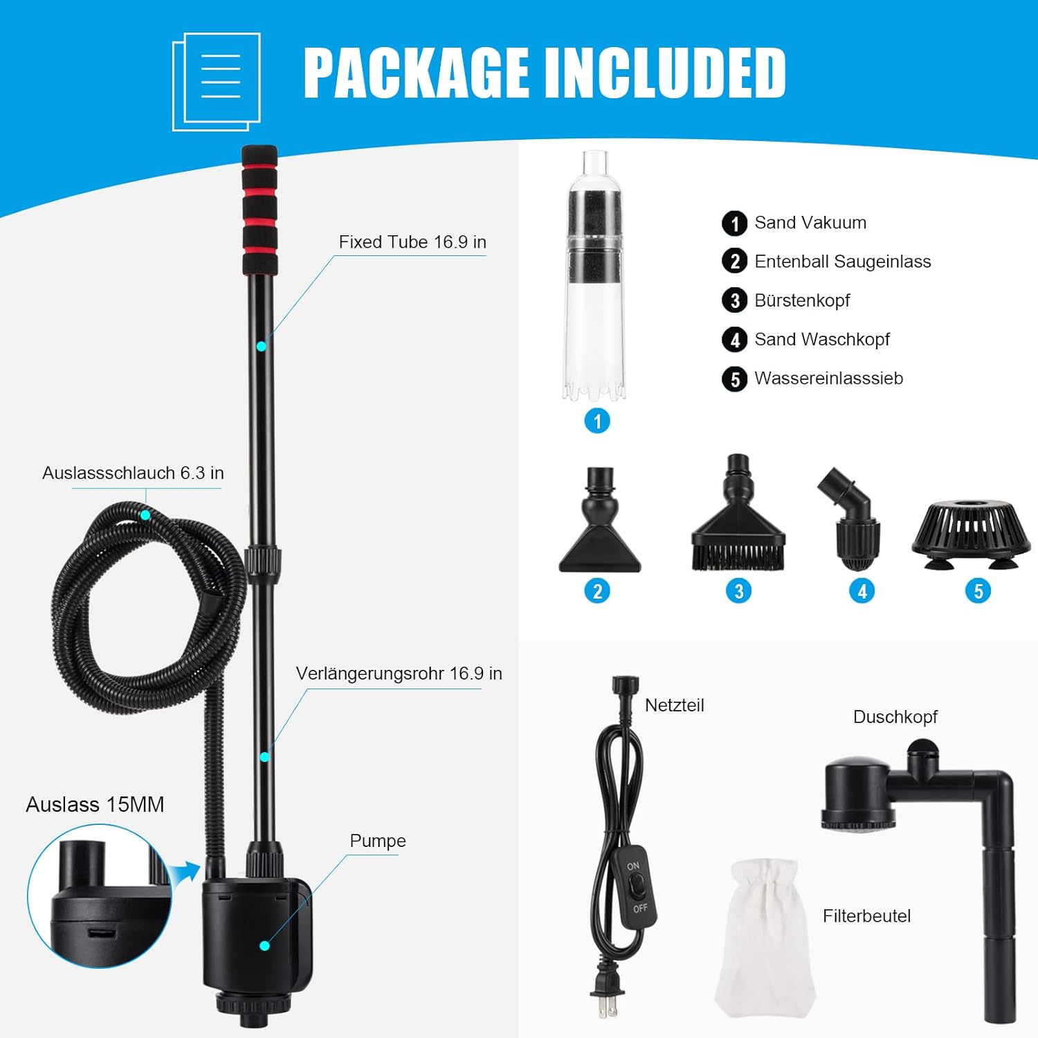 AQQA Nettoyeur électrique pour Aquarium,6en1Aspirateur Automatique pour Aquarium,Aspirateur de Gravier Électrique,Changeur d'eau Laveur 1 unité (Lot de 1)