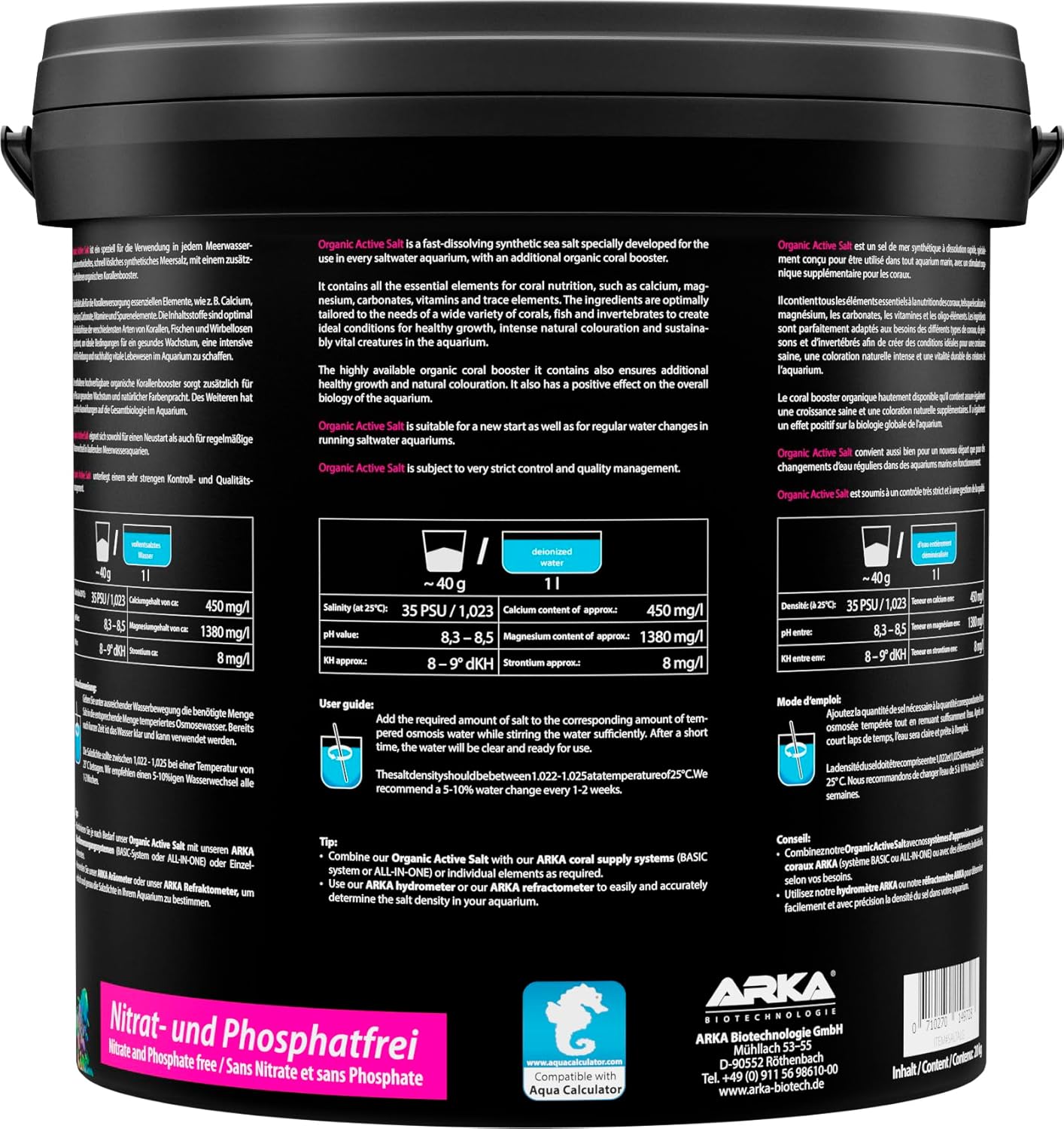 Sel Marin récifal Actif – ARKA Organic Active Salt 20kg – avec activateurs organiques pour Croissance coraux & Couleurs Vives – sans Phosphate – se dissout Vite – Eau Stable & sûre white 20 kg