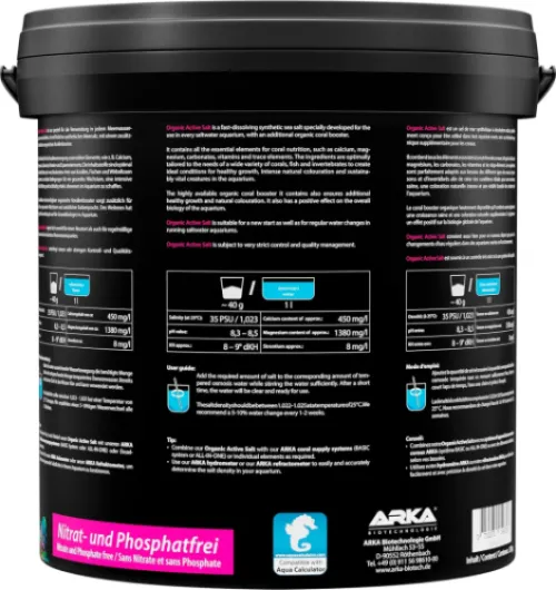 Sel Marin récifal Actif – ARKA Organic Active Salt 20kg – avec activateurs organiques pour Croissance coraux & Couleurs Vives – sans Phosphate – se dissout Vite – Eau Stable & sûre white 20 kg
