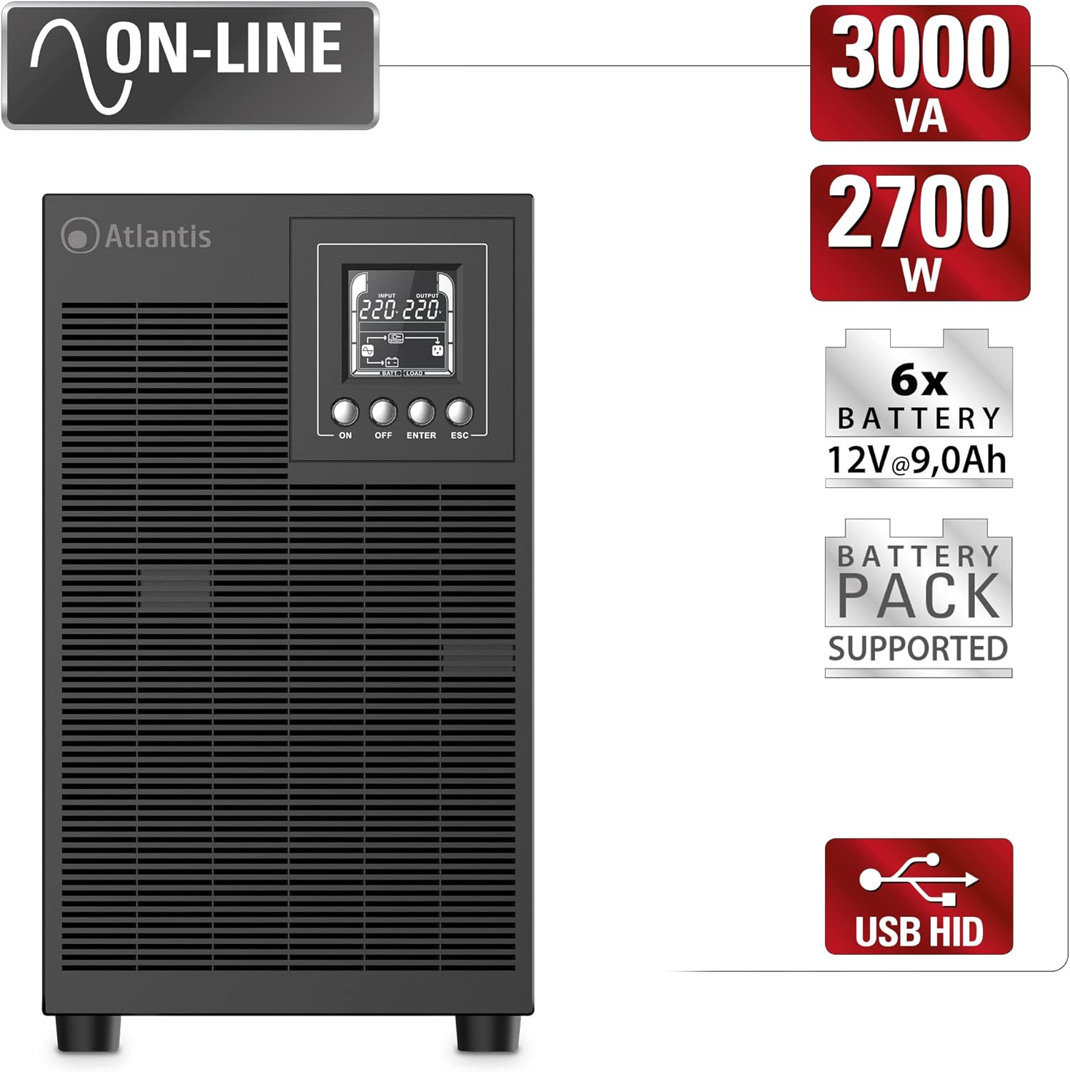 Atlantis A03-OP3002P Pro Onduleur (UPS) Online Double Conversion et Pure sinusoïde avec Une Puissance de 3000VA 2700W, Tour d'affichage LCD, USB, RS-232 série, 4 Sorties IEC, Slot SNMP, 6x12V-9Ah