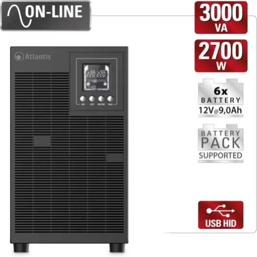 Atlantis A03-OP3002P Pro Onduleur (UPS) Online Double Conversion et Pure sinusoïde avec Une Puissance de 3000VA 2700W, Tour d'affichage LCD, USB, RS-232 série, 4 Sorties IEC, Slot SNMP, 6x12V-9Ah