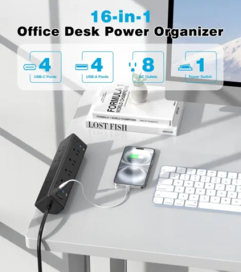 Multiprise avec pince d'ordinateur, station de charge rapide totale de 40 W, multiprise à montage sur le bord de l'ordinateur, 8 ports USB (4 USB C) et 8 prises AC, se 6' (1.82 m) Noir