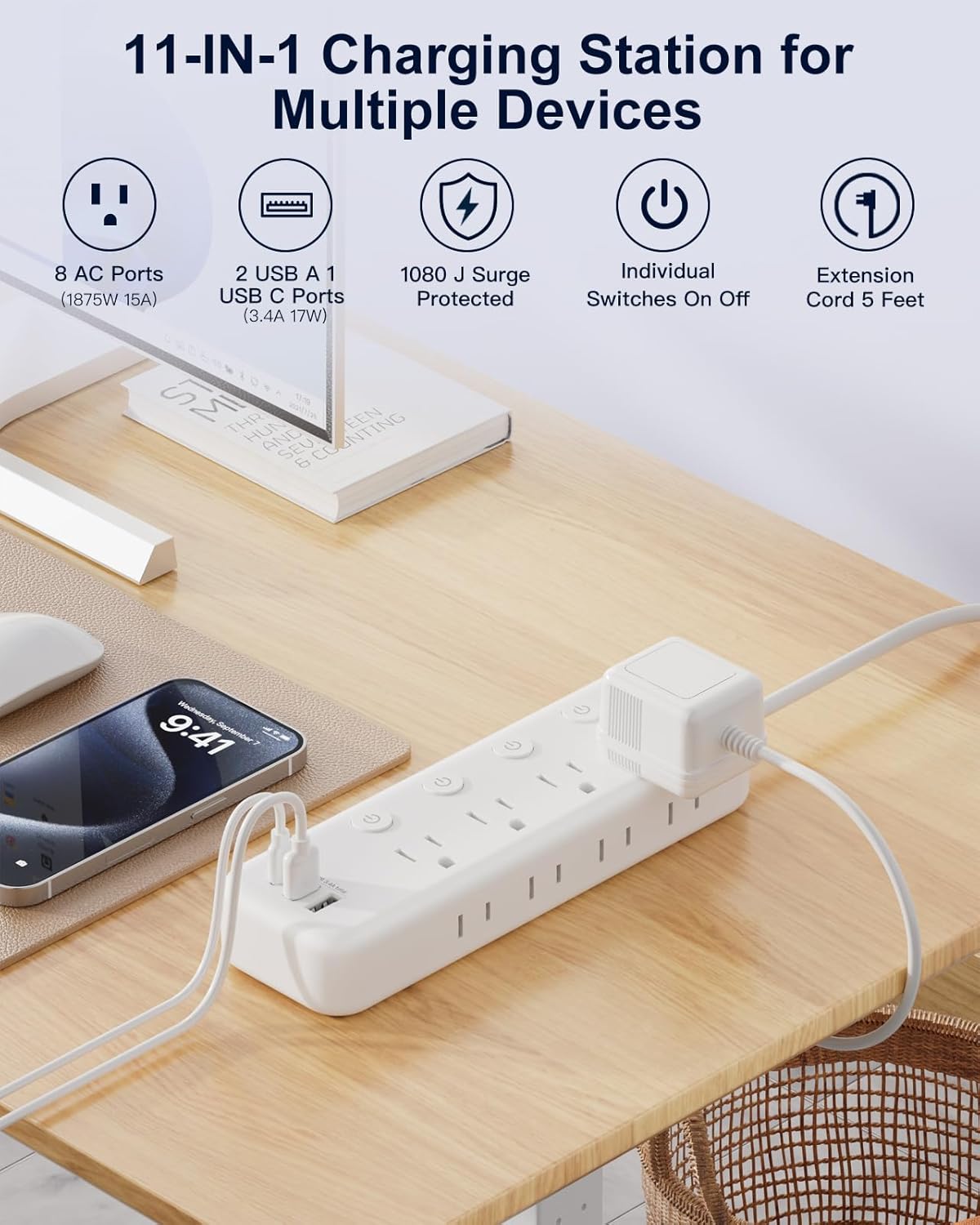 Câble d'extension robuste de 10 pieds avec interrupteurs individuels allumés, câble d'extension d'appareil de 1875 W avec ports USB, 8 prises, haute tension pour micro-ondes, aquarium, cuisine, Câble d'extension pour appareils électroménagers : 10 pieds