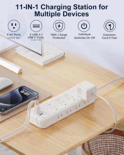 Câble d'extension robuste de 10 pieds avec interrupteurs individuels allumés, câble d'extension d'appareil de 1875 W avec ports USB, 8 prises, haute tension pour micro-ondes, aquarium, cuisine, Câble d'extension pour appareils électroménagers : 10 pieds